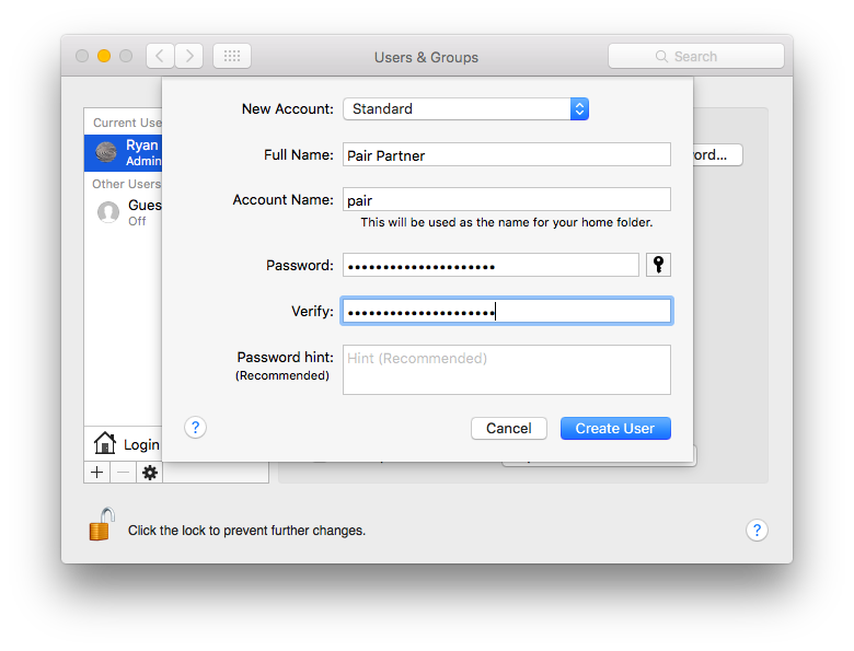 Screenshot of the new user dialog